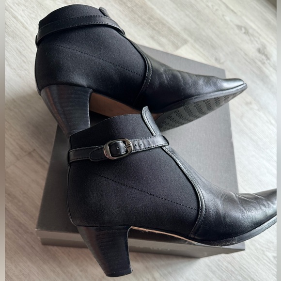 Vintage Italian Domin Nappa Black Leather Booties Stretch Fabric Buckle Details - Picture 7 of 10